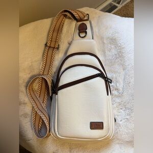 Men's White Crossbody Sling Bag with Brown Trim